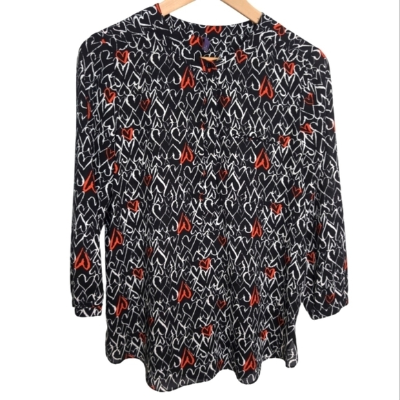 NYDJ Tops - NYDJ Blouse Henley Heart Love Allover Print 3/4 Sleeve Feminine Romantic S